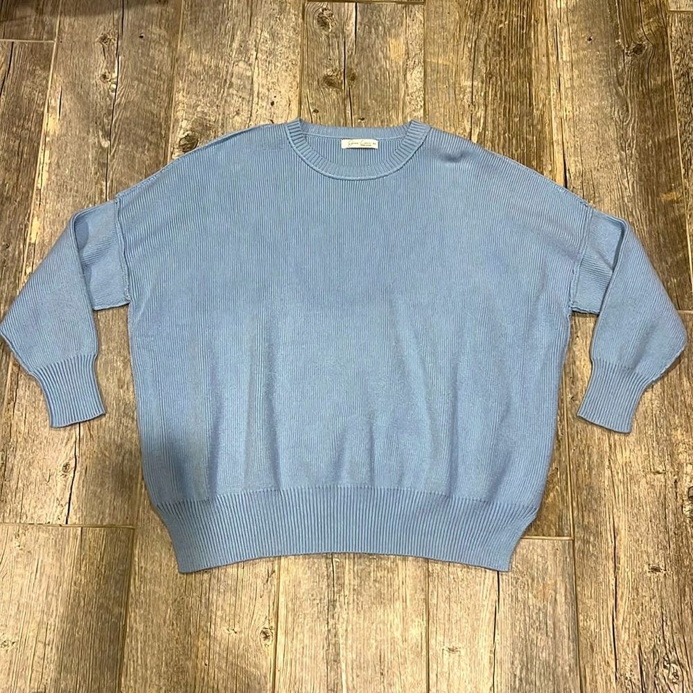 Jess Crum x Hazel and Olive Baby Blue Split Hem Crew Neck Ribbed Sweater New